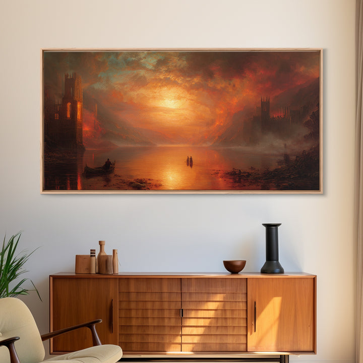 The Lake Phantom, Apocalyptic Romantic Art, Wide Panoramic Art, Gothic Horror Wall Art, Framed Canvas Print, Halloween Wall Art