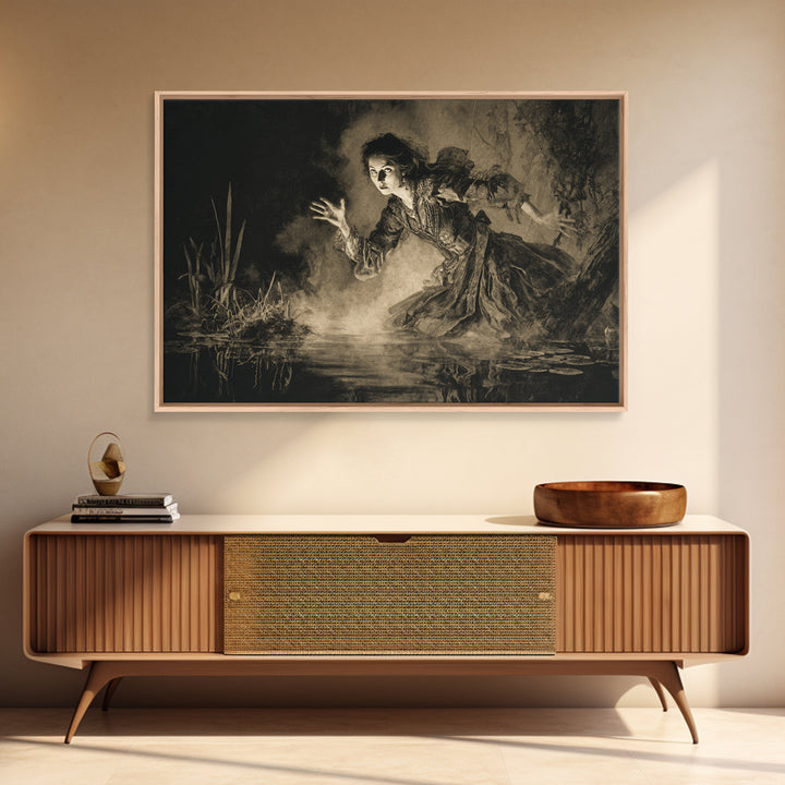 The Lake Phantom, Decadent Gothic Art, Landscape Wall Art, Dark Halloween Decor, Framed Canvas Print, Halloween Wall Art