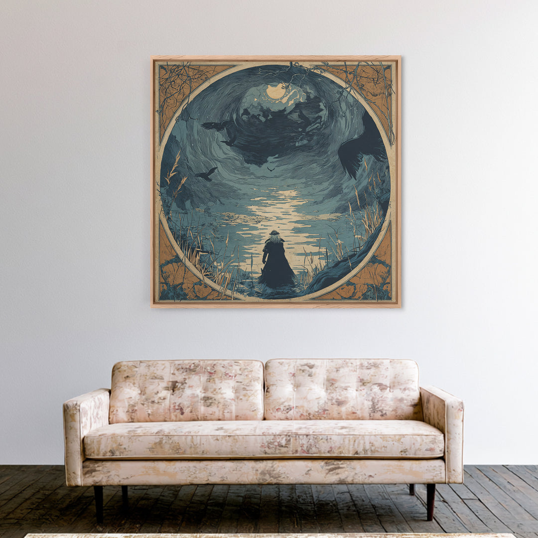 The Lake Phantom, Symbolist Etching Art, Square Wall Art, Macabre Wall Art, Framed Canvas Print, Halloween Wall Art, Dark Fantasy Art