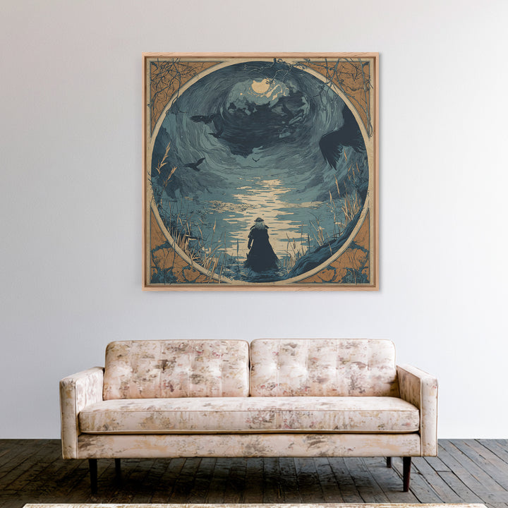 The Lake Phantom, Symbolist Etching Art, Square Wall Art, Macabre Wall Art, Framed Canvas Print, Halloween Wall Art, Dark Fantasy Art