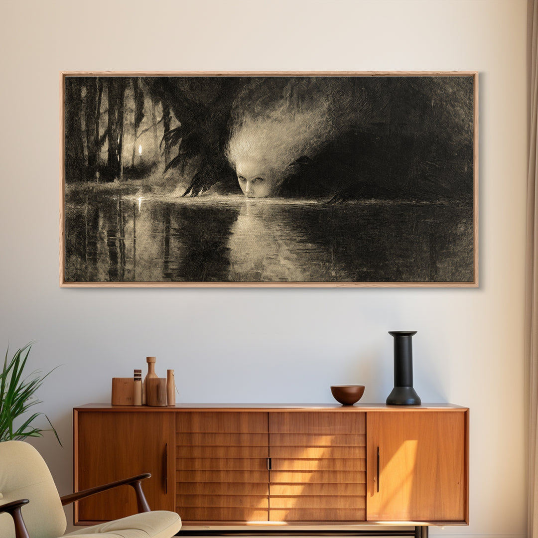 The Lake Phantom, Expressionist Nightmare Art, Wide Panoramic Art, Macabre Wall Art, Canvas Print, Halloween Wall Art, Halloween Decor