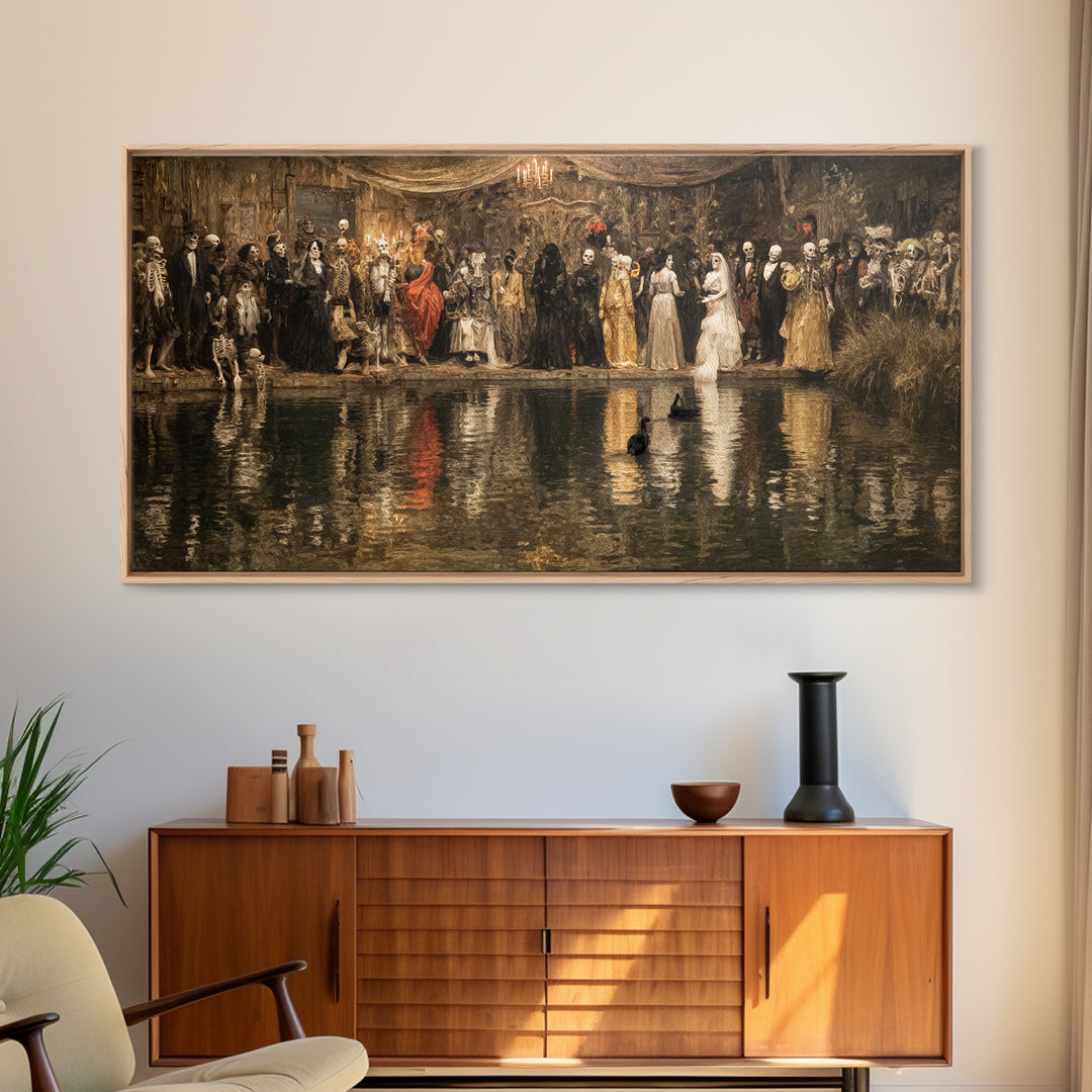 The Lake Phantom, Grotesque Carnival Art, Wide Panoramic Art, Dark Halloween Decor, Framed Canvas Print, Halloween Wall Art