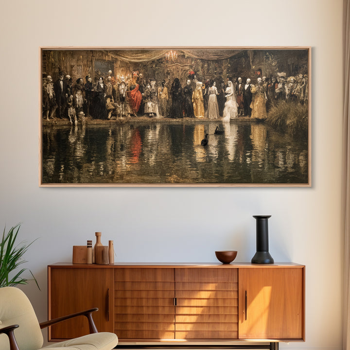 The Lake Phantom, Grotesque Carnival Art, Wide Panoramic Art, Dark Halloween Decor, Framed Canvas Print, Halloween Wall Art