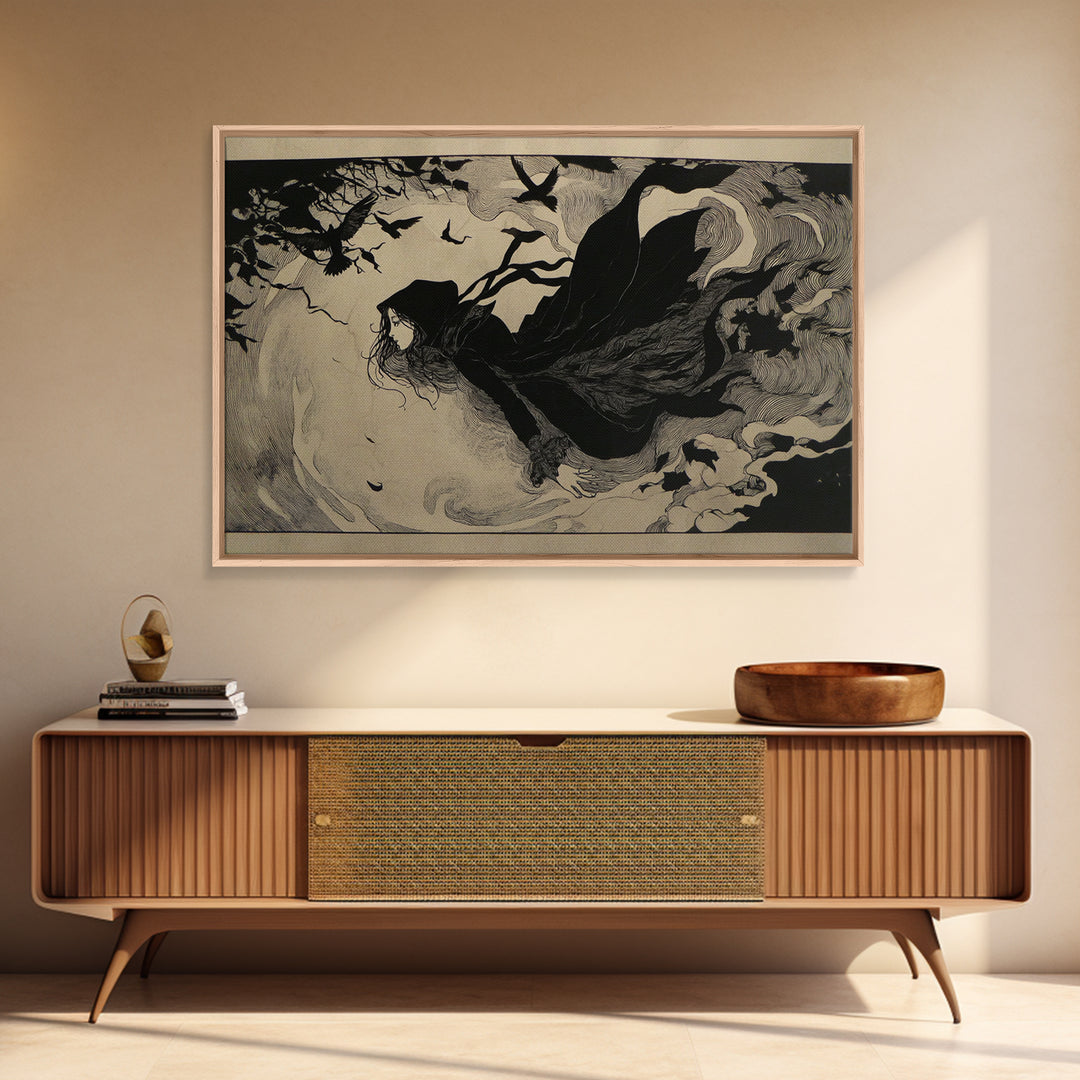 The Lake Phantom, Decadent Line Art, Landscape Wall Art, Dark Halloween Decor, Framed Canvas Print, Halloween Wall Art