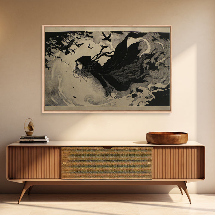 The Lake Phantom, Decadent Line Art, Landscape Wall Art, Dark Halloween Decor, Framed Canvas Print, Halloween Wall Art
