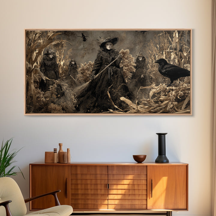 The Salt-Marsh Witch, Northern Renaissance Horror, Wide Panoramic Art, Macabre Wall Art, Framed Canvas Print, Halloween Wall Art