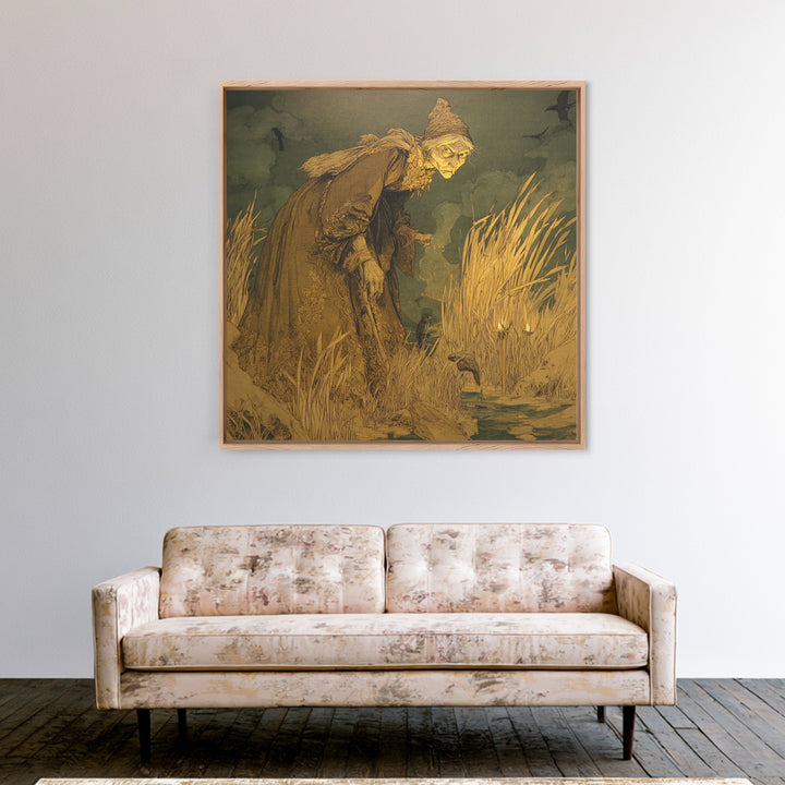 The Salt-Marsh Witch, Symbolist Etching Art, Square Wall Art, Dark Halloween Decor, Framed Canvas Print, Halloween Wall Art