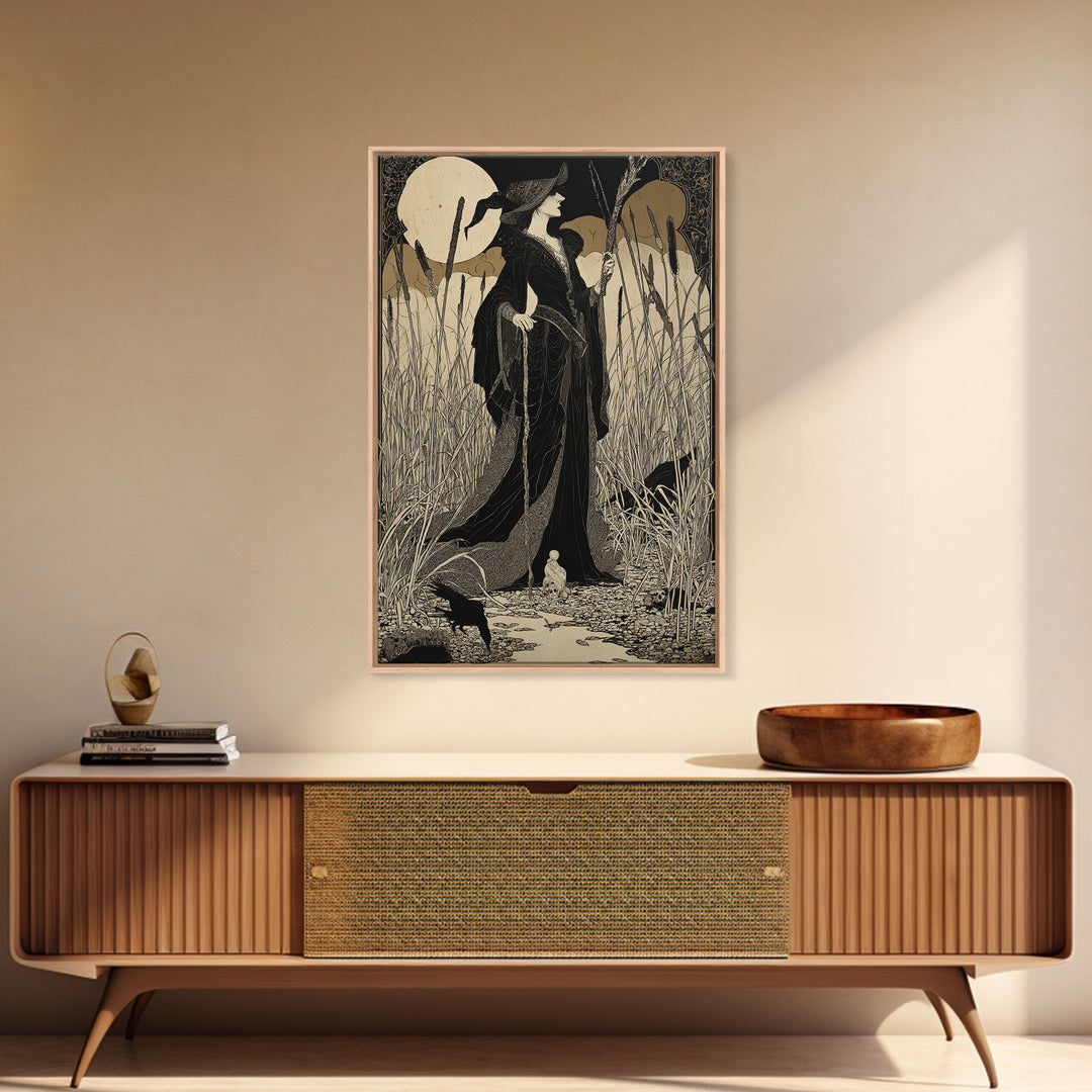 The Salt-Marsh Witch, Decadent Line Art, Vertical Wall Art, Dark Halloween Decor, Framed Canvas Print, Halloween Wall Art