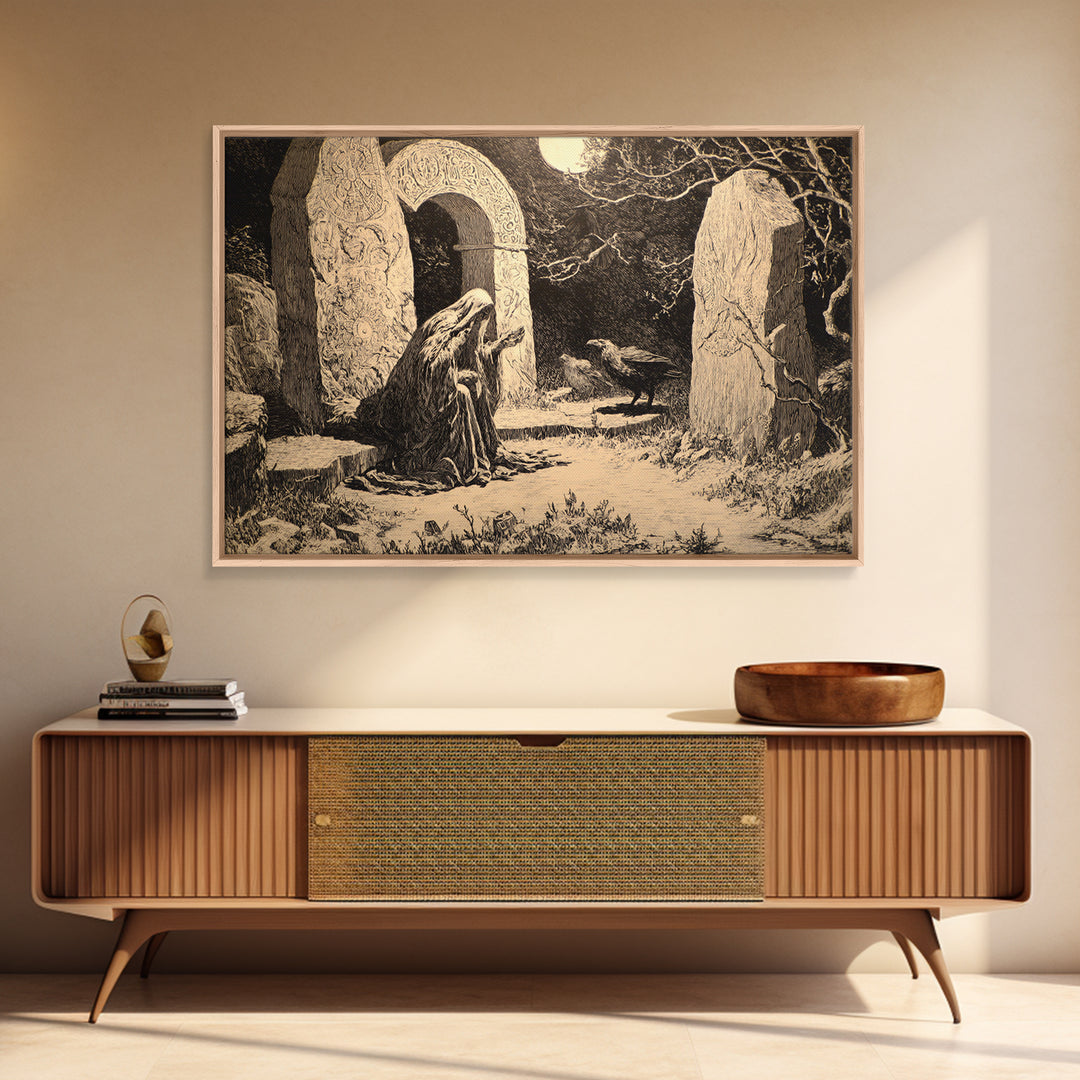 The Stone-Circle Spirit, Symbolist Etching Art, Landscape Wall Art, Macabre Wall Art, Canvas Print, Halloween Wall Art, Gothic Home Decor