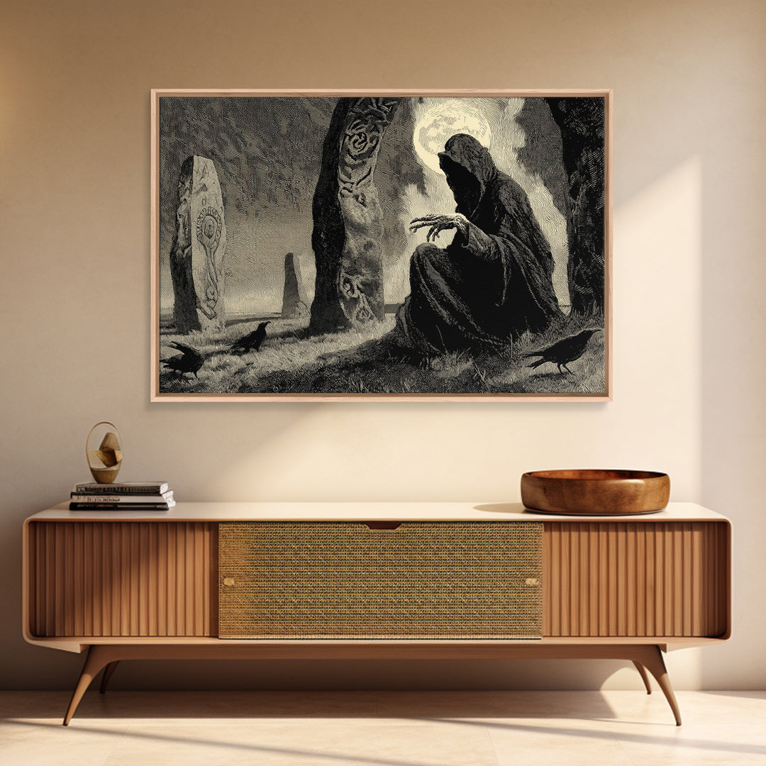 The Stone-Circle Spirit, Expressionist Nightmare Art, Landscape Wall Art, Macabre Wall Art, Framed Canvas Print, Halloween Wall Art