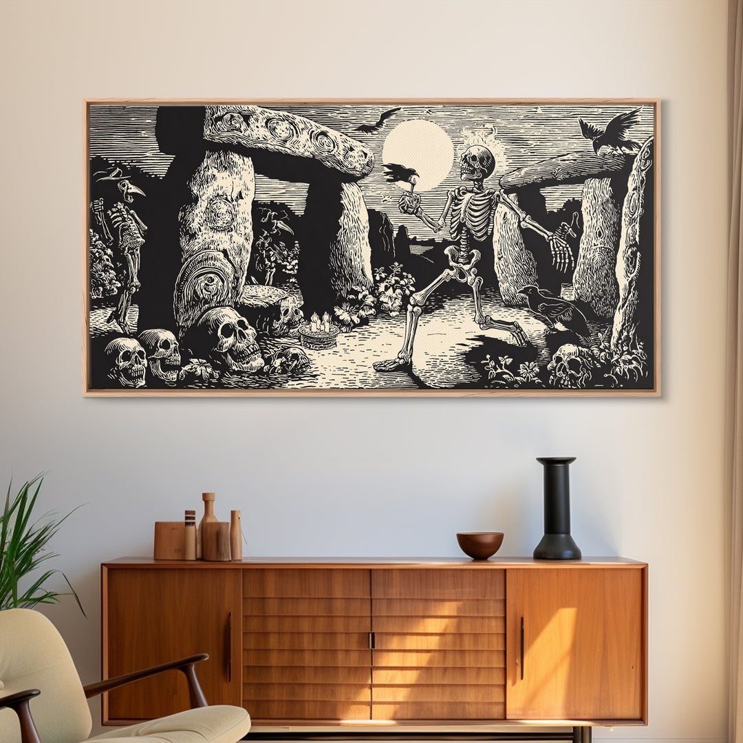 The Stone-Circle Spirit, Macabre Folk Print Art, Wide Panoramic Art, Gothic Horror Wall Art, Framed Canvas Print