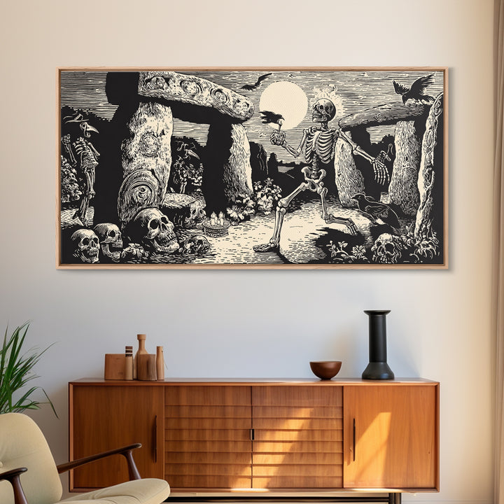 The Stone-Circle Spirit, Macabre Folk Print Art, Wide Panoramic Art, Gothic Horror Wall Art, Framed Canvas Print