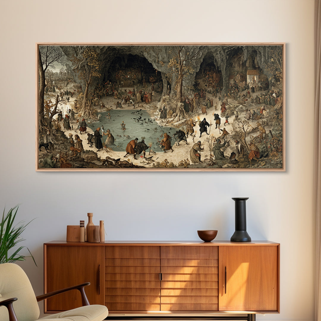 The Cave Oracle, Northern Renaissance Horror, Wide Panoramic Art, Gothic Horror Wall Art, Framed Canvas Print, Halloween Wall Art