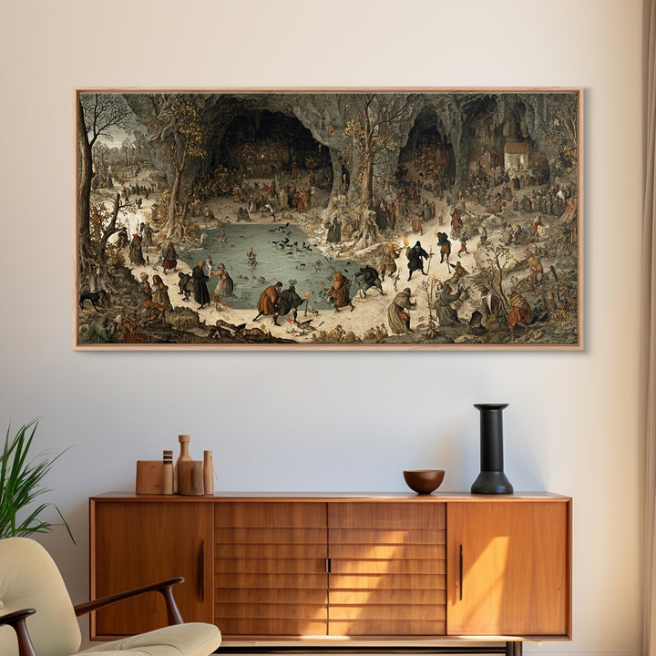 The Cave Oracle, Northern Renaissance Horror, Wide Panoramic Art, Gothic Horror Wall Art, Framed Canvas Print, Halloween Wall Art