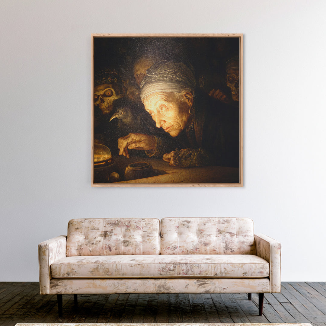 The Cave Oracle, Danse Macabre Art, Square Wall Art, Macabre Wall Art, Framed Canvas Print, Halloween Wall Art