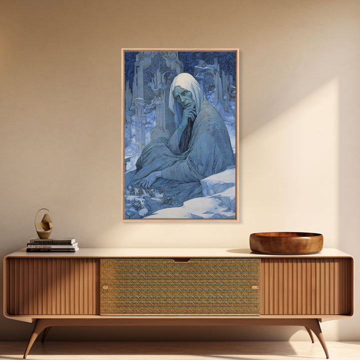 The Cave Oracle, Symbolist Death Art, Vertical Wall Art, Dark Fantasy Wall Art, Framed Canvas Print, Halloween Wall Art