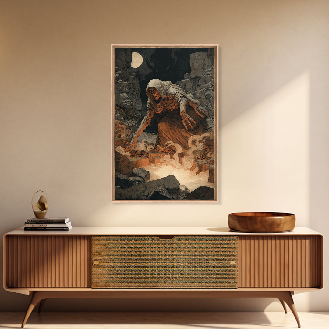 The Cave Oracle, Symbolist Etching Art, Vertical Wall Art, Dark Halloween Decor, Framed Canvas Print, Halloween Wall Art
