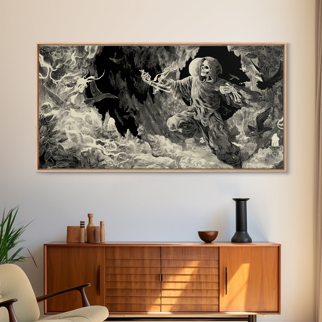 The Cave Oracle, Macabre Folk Print Art, Wide Panoramic Art, Dark Fantasy Wall Art, Framed Canvas Print, Halloween Wall Art