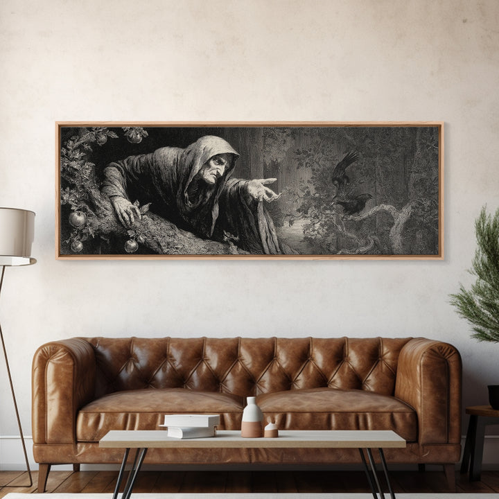 The Orchard Hag, Gothic Engraving Art, Extra Wide Wall Art, Gothic Horror Wall Art, Framed Canvas Print, Halloween Wall Art