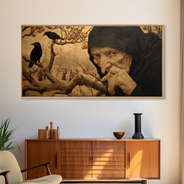 The Orchard Hag, Northern Renaissance Horror, Wide Panoramic Art, Macabre Wall Art, Canvas Print, Halloween Wall Art