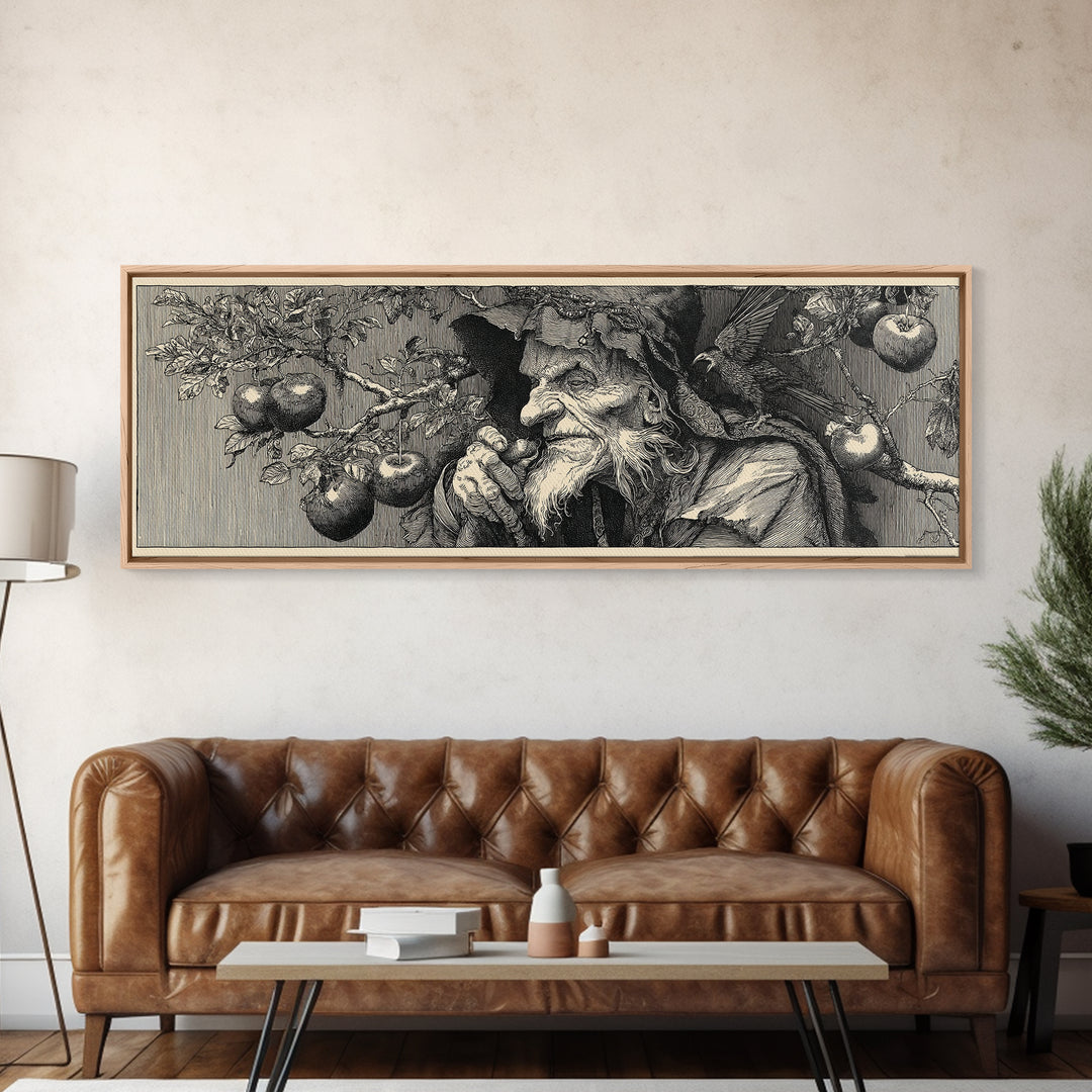 The Orchard Hag, Renaissance Engraving Art, Extra Wide Wall Art, Macabre Wall Art, Canvas Print, Halloween Wall Art, Dark Fantasy Art