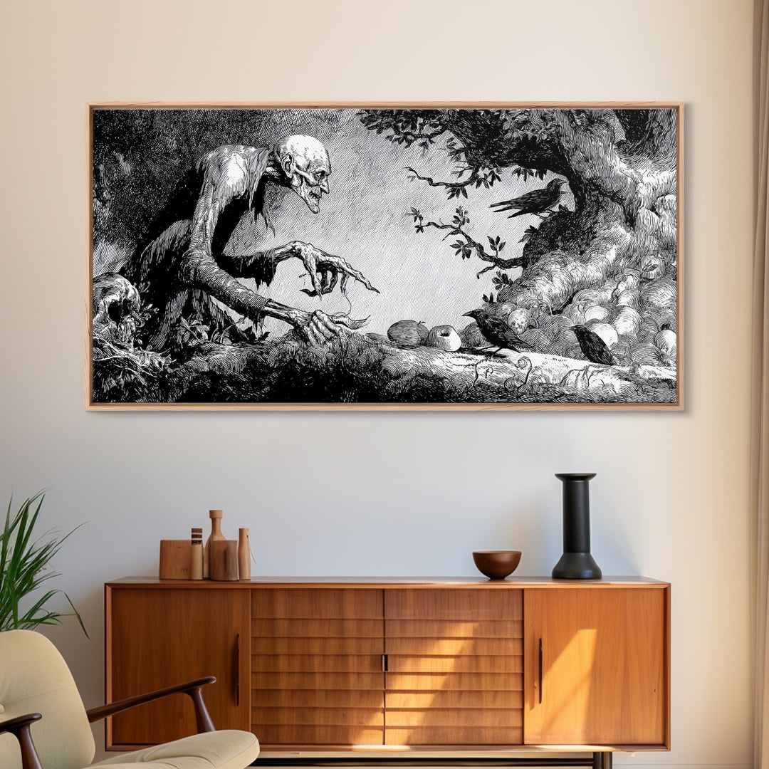 The Orchard Hag, Expressionist Nightmare Art, Wide Panoramic Art, Dark Halloween Decor, Canvas Print, Halloween Wall Art