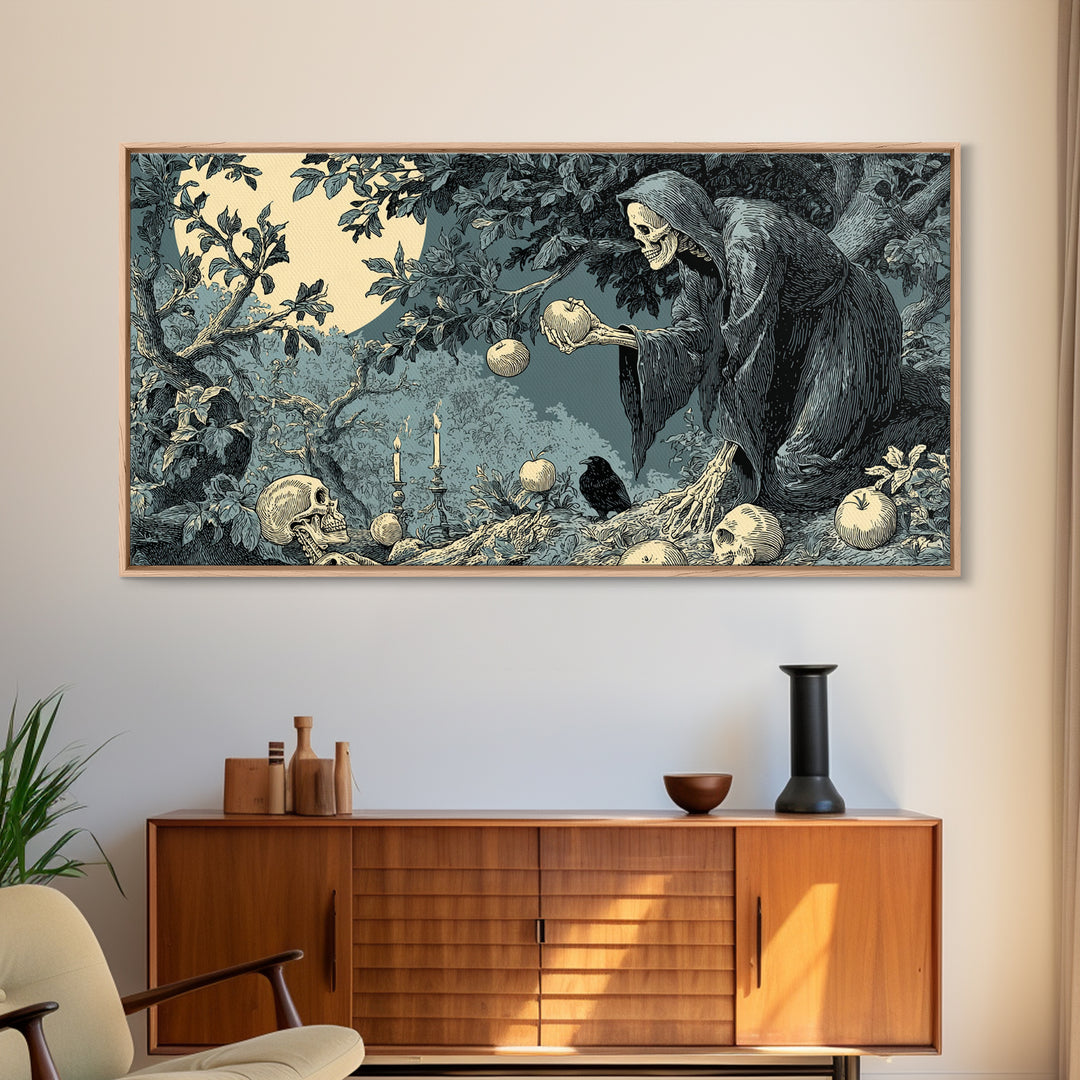 The Orchard Hag, Macabre Folk Print Art, Wide Panoramic Art, Macabre Wall Art, Canvas Print, Halloween Wall Art