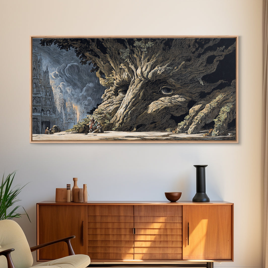 The Hollow-Tree Monster, Apocalyptic Romantic Art, Wide Panoramic Art, Dark Fantasy Wall Art, Framed Canvas Print, Halloween Wall Art