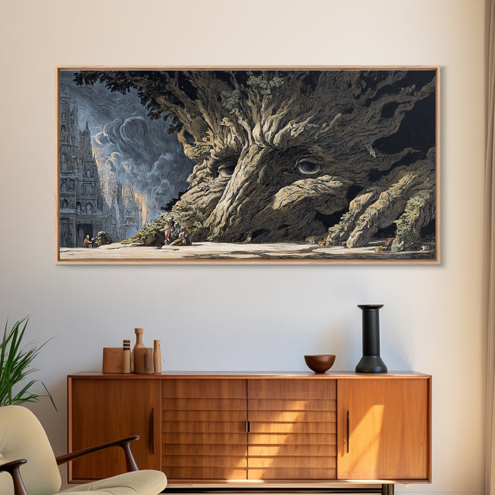 The Hollow-Tree Monster, Apocalyptic Romantic Art, Wide Panoramic Art, Dark Fantasy Wall Art, Framed Canvas Print, Halloween Wall Art