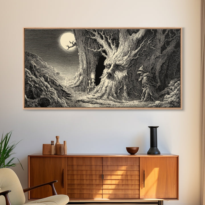The Hollow-Tree Monster, Expressionist Nightmare Art, Wide Panoramic Art, Macabre Wall Art, Canvas Print, Halloween Wall Art