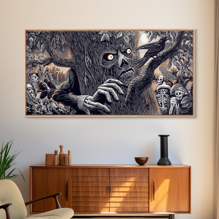 The Hollow-Tree Monster, Macabre Folk Print Art, Wide Panoramic Art, Macabre Wall Art, Framed Canvas Print, Halloween Wall Art