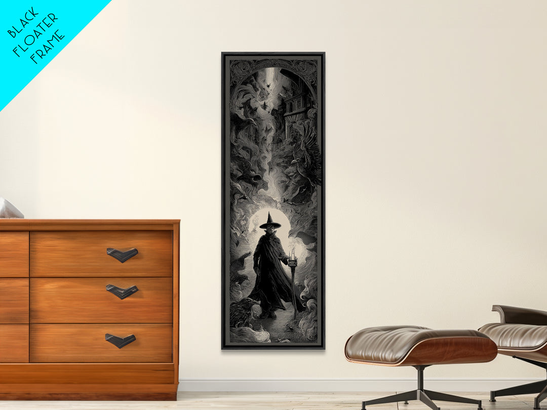The Crossroads Spirit, Gothic Engraving Art, Tall Narrow Wall Art, Dark Halloween Decor, Framed Canvas Print, Halloween Wall Art