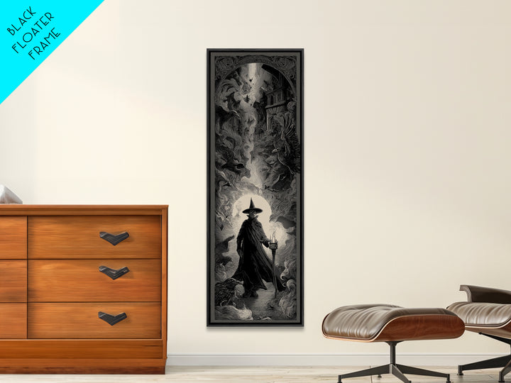 The Crossroads Spirit, Gothic Engraving Art, Tall Narrow Wall Art, Dark Halloween Decor, Framed Canvas Print, Halloween Wall Art