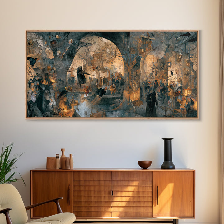 The Crossroads Spirit, Northern Renaissance Horror, Wide Panoramic Art, Macabre Wall Art, Framed Canvas Print, Halloween Wall Art