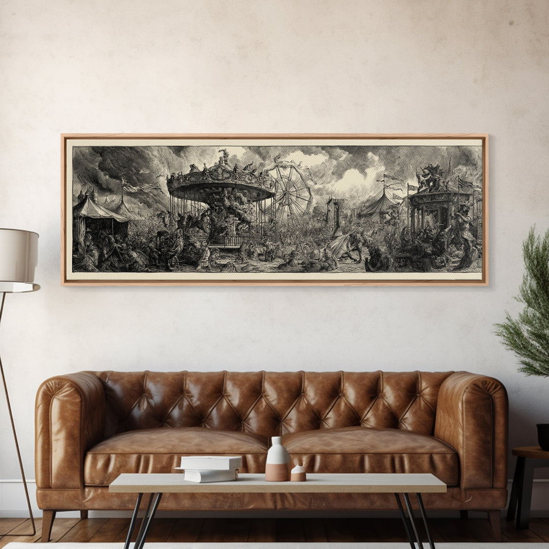 The Abandoned Carnival, Renaissance Engraving Art, Extra Wide Wall Art, Dark Fantasy Wall Art, Canvas Print, Halloween Wall Art