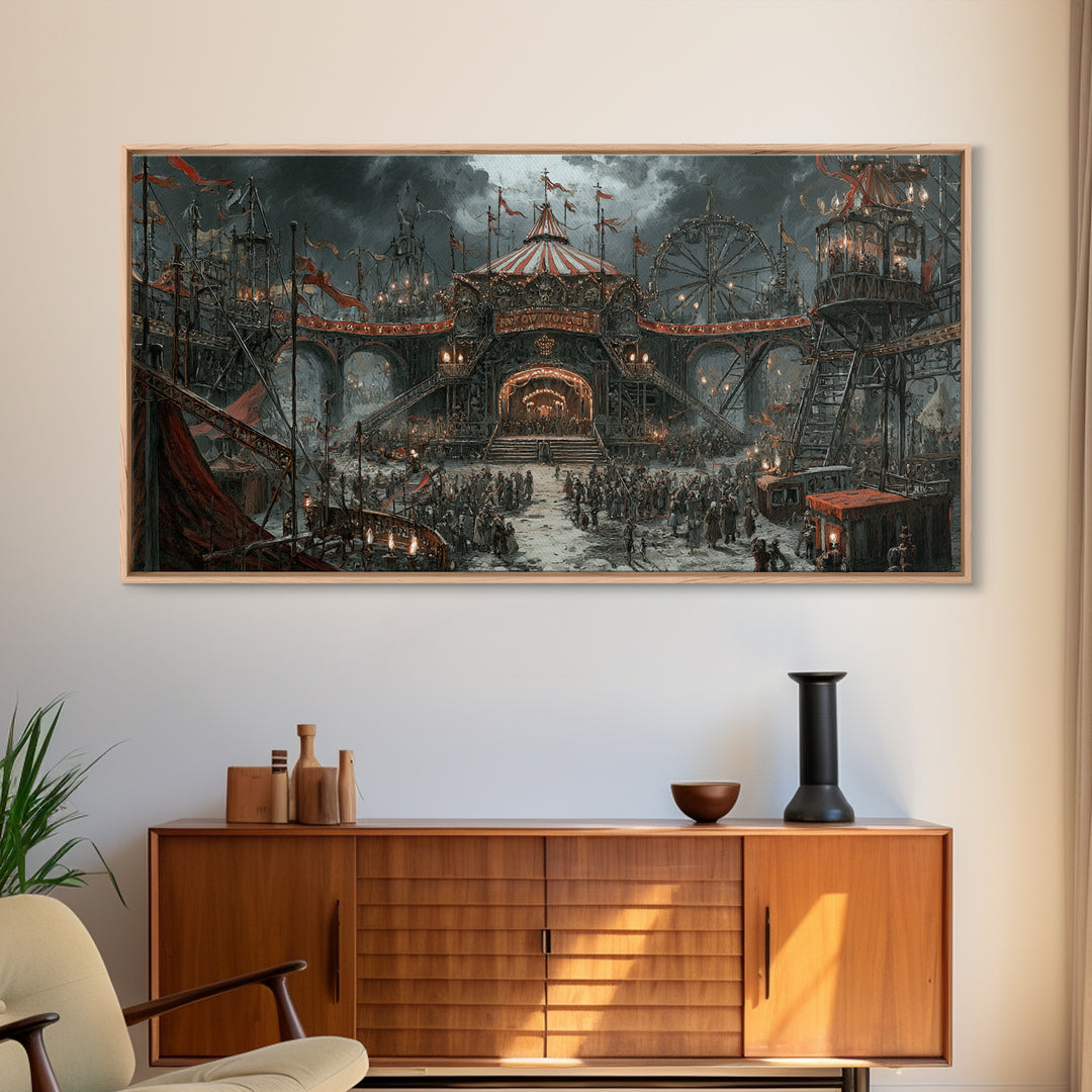The Abandoned Carnival, Architectural Etching Art, Wide Panoramic Art, Macabre Wall Art, Framed Canvas Print