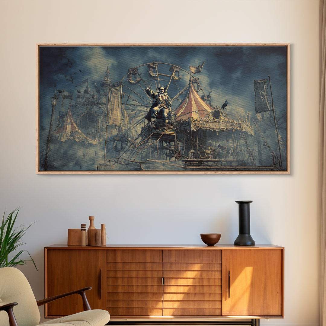 The Abandoned Carnival, Symbolist Gothic Landscape, Wide Panoramic Art, Gothic Horror Wall Art, Framed Canvas Print, Halloween Wall Art