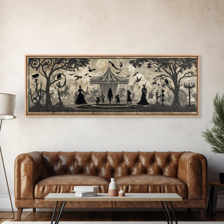 The Abandoned Carnival, Decadent Line Art, Extra Wide Wall Art, Dark Fantasy Wall Art, Framed Canvas Print, Halloween Wall Art