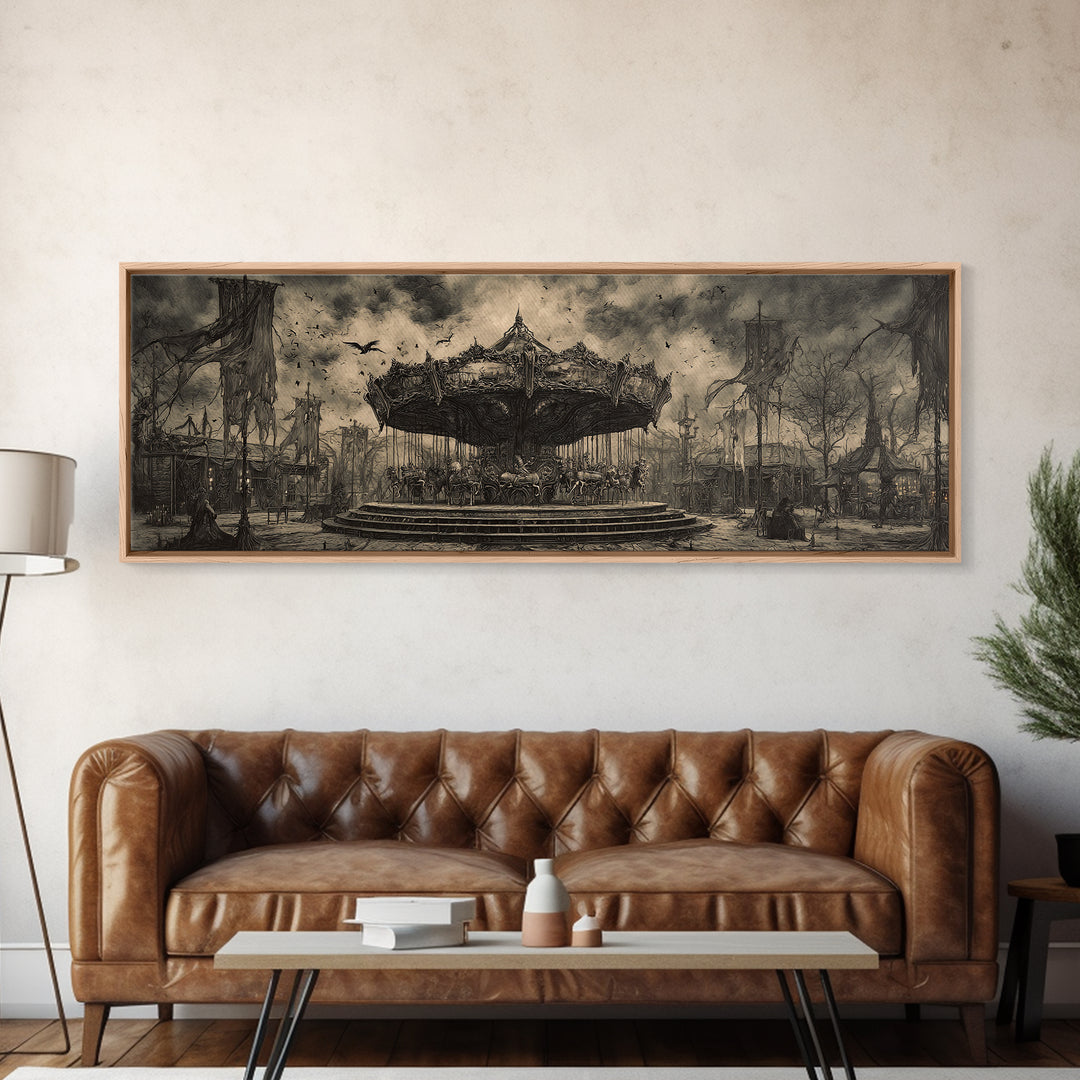 The Abandoned Carnival, Biomechanical Horror Art, Extra Wide Wall Art, Dark Halloween Decor, Framed Canvas Print, Halloween Wall Art