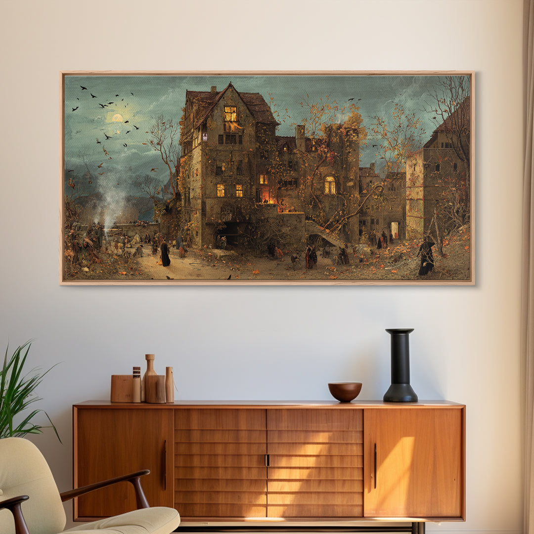 The Haunted Manor, Northern Renaissance Horror, Wide Panoramic Art, Dark Halloween Decor, Canvas Print, Halloween Wall Art