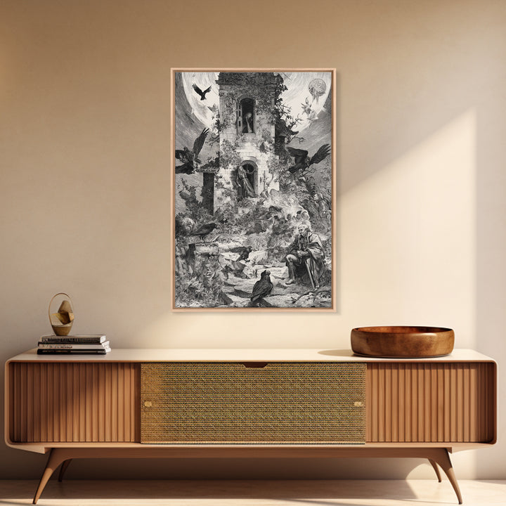 The Haunted Manor, Renaissance Engraving Art, Vertical Wall Art, Macabre Wall Art, Canvas Print, Halloween Wall Art, Spooky Wall Decor