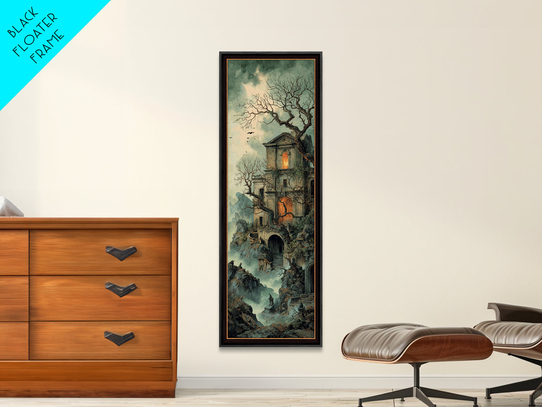 The Haunted Manor, Baroque Witchcraft Art, Tall Narrow Wall Art, Macabre Wall Art, Framed Canvas Print, Halloween Wall Art
