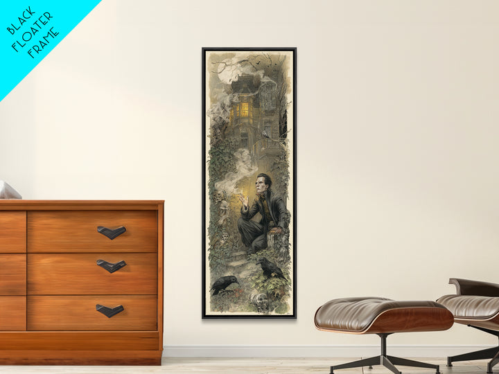The Haunted Manor, Symbolist Etching Art, Tall Narrow Wall Art, Dark Fantasy Wall Art, Framed Canvas Print, Halloween Wall Art