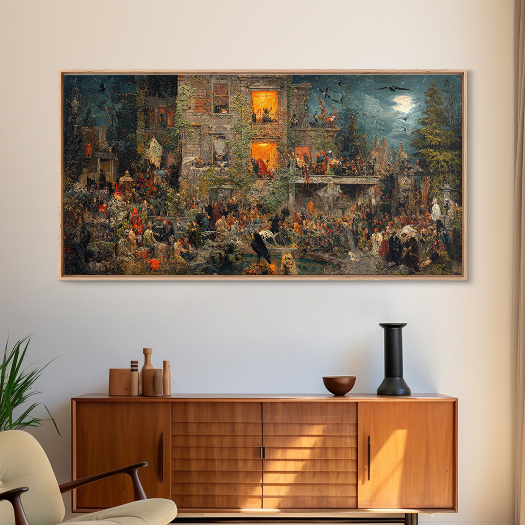 The Haunted Manor, Grotesque Carnival Art, Wide Panoramic Art, Dark Halloween Decor, Canvas Print, Halloween Wall Art, Statement Wall Art