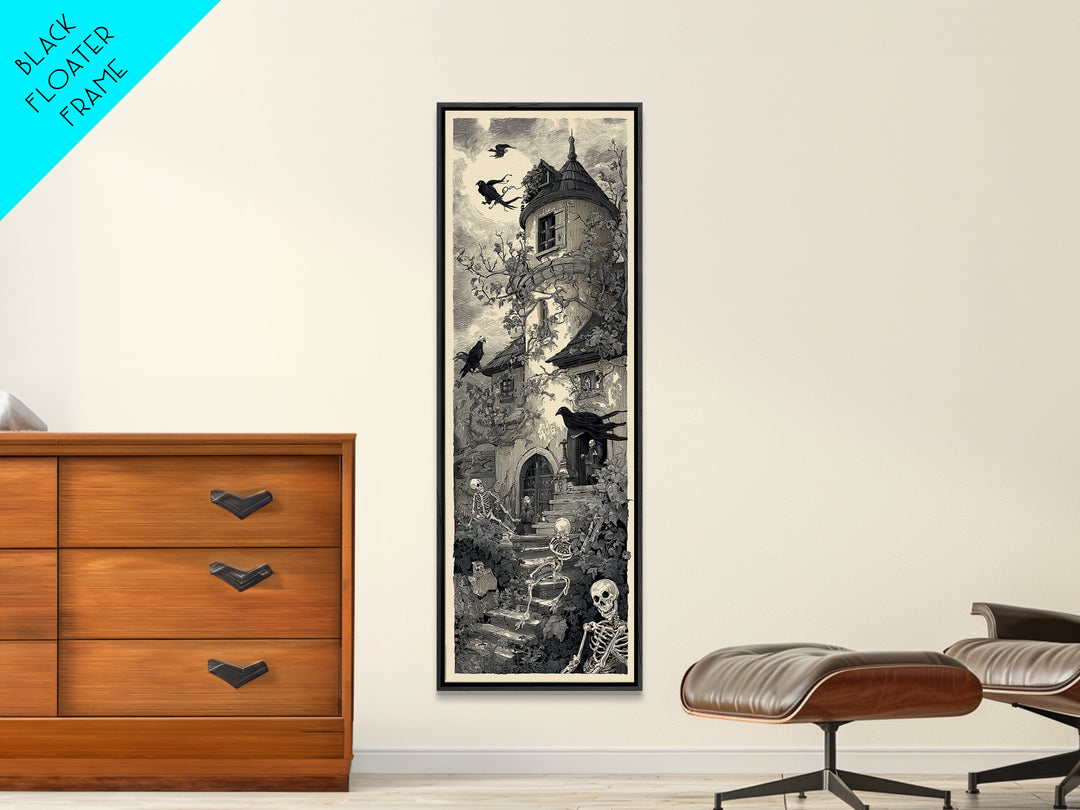 The Haunted Manor, Macabre Folk Print Art, Tall Narrow Wall Art, Gothic Horror Wall Art, Canvas Print, Halloween Wall Art