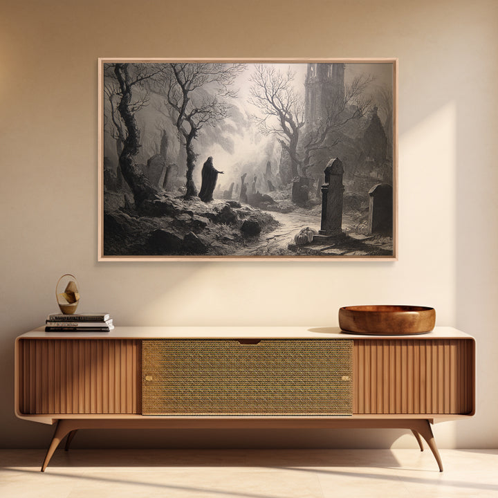 The Moonlit Cemetery, Gothic Engraving Art, Landscape Wall Art, Gothic Horror Wall Art, Canvas Print, Halloween Wall Art