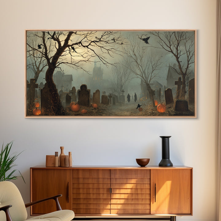 The Moonlit Cemetery, Northern Renaissance Horror, Wide Panoramic Art, Gothic Horror Wall Art, Framed Canvas Print