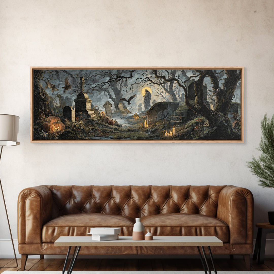 The Moonlit Cemetery, Dark Renaissance Art, Extra Wide Wall Art, Dark Fantasy Wall Art, Canvas Print, Halloween Wall Art