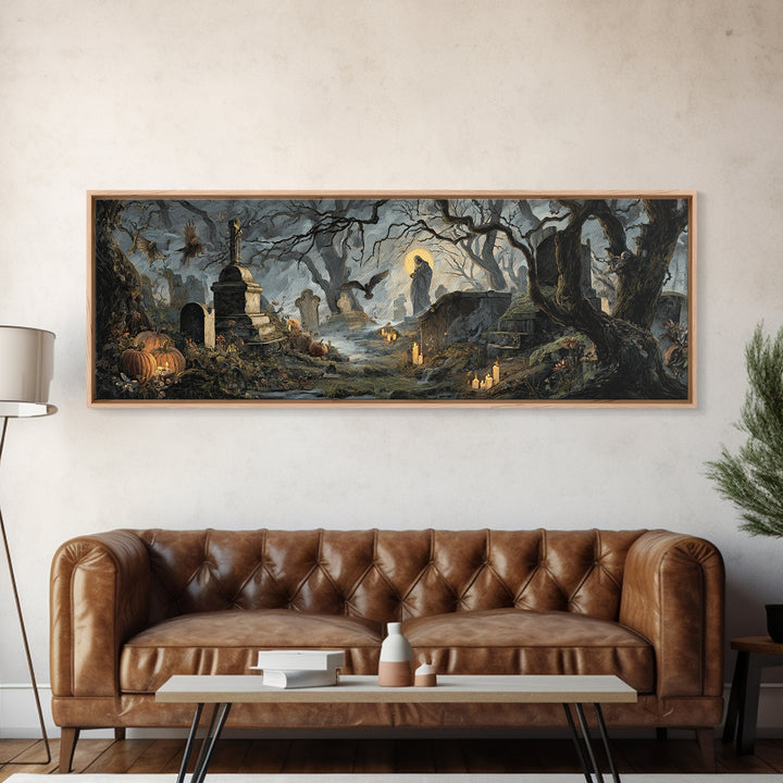 The Moonlit Cemetery, Dark Renaissance Art, Extra Wide Wall Art, Dark Fantasy Wall Art, Canvas Print, Halloween Wall Art
