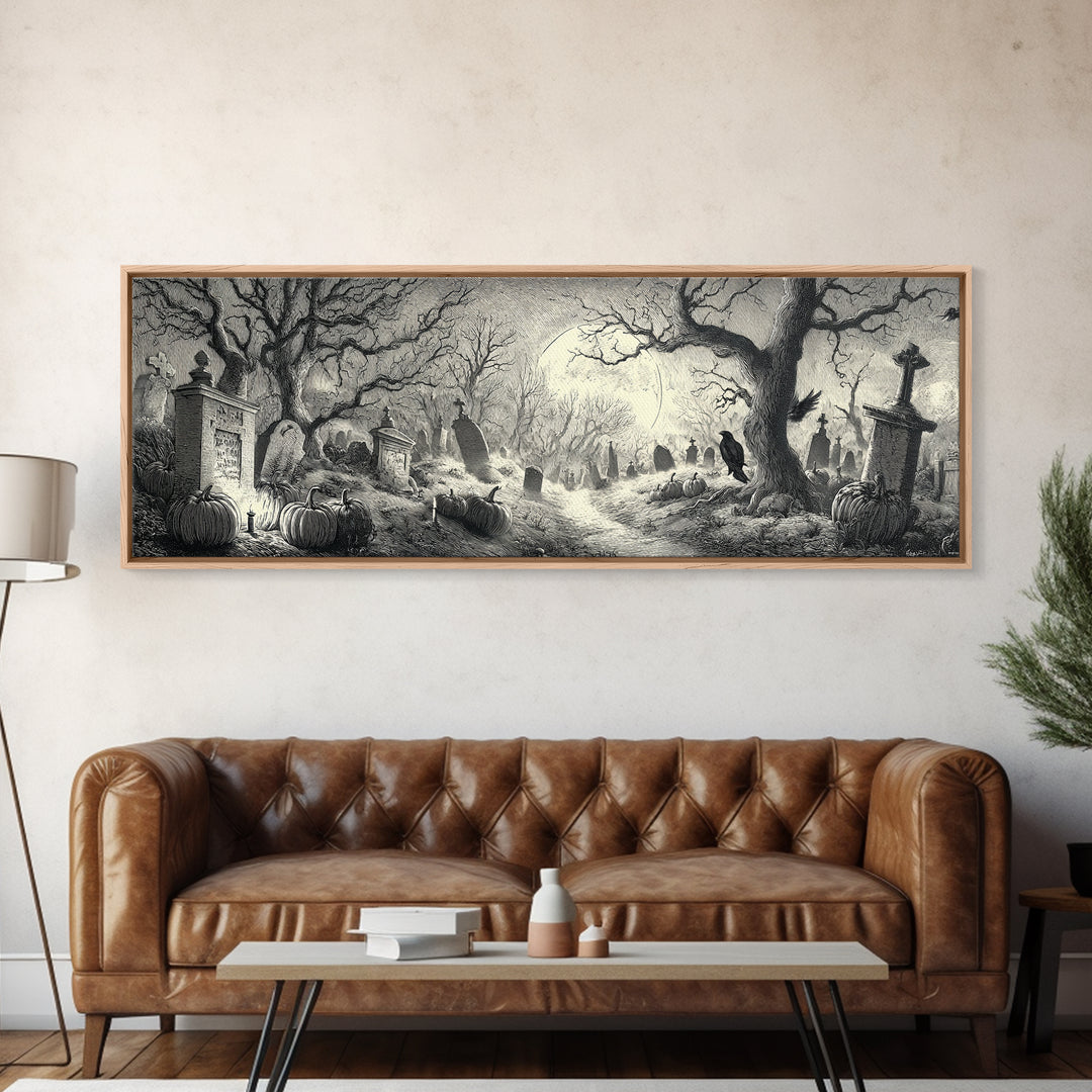 The Moonlit Cemetery, Renaissance Engraving Art, Extra Wide Wall Art, Macabre Wall Art, Canvas Print, Halloween Wall Art, Dark Fantasy Art